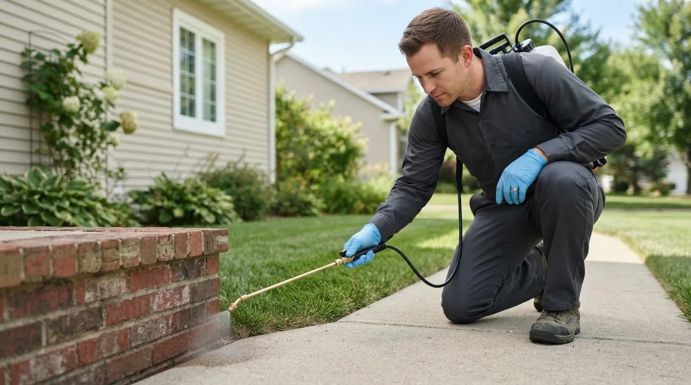 Pest control technician treating a home near Struthers, OH